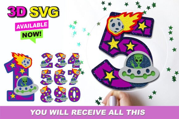 Alien Ovni Numbers 3D SVG for Birthdays